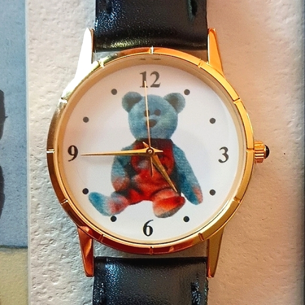 Beanie Baby Bear Wristwatch Black Buckle Band Round Face Gold Tone Collectible